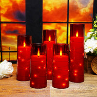 Flameless LED Candles with Timer 5 Pc Flickering Flameless Candles for Romantic Ambiance and Home Decoration Stable Acrylic Shell,with Embedded Star String，Battery Operated Candles（Red）