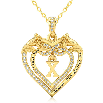 Uncle LOL Jewelry — 14K Gold Initial Letter Rose Heart Pendant Necklace for Women, Anniversary Birthday Jewelry Gifts for Wife Mom Grandma Sister Daughter, I Love You for Always And Forever