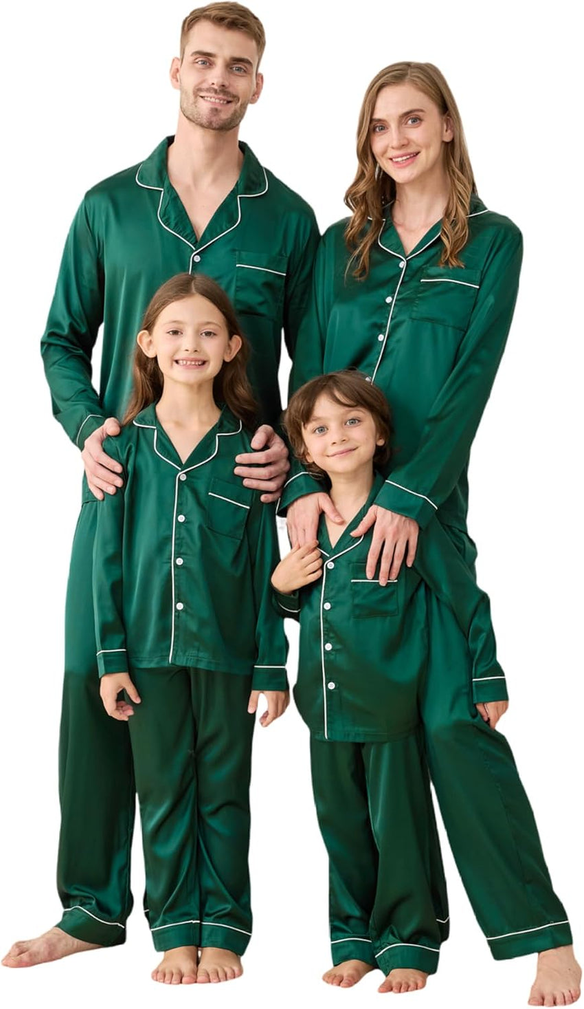 Satin Family Christmas Pajamas Set Soft Button Down Holiday Sleepwear Matching PJs for Couple Men Women Jammies Party