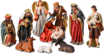 Bshine Nativity Scene Set Christmas Decor, Wooden Stable with LED Lights 12.4x9.05 Holy Family with Manger Baby Jesus Figurine, Nativity Scene Indoor Decor Home Desktop Collectible Ornaments