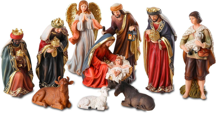 Bshine Nativity Scene Set Christmas Decor, Wooden Stable with LED Lights 12.4x9.05 Holy Family with Manger Baby Jesus Figurine, Nativity Scene Indoor Decor Home Desktop Collectible Ornaments