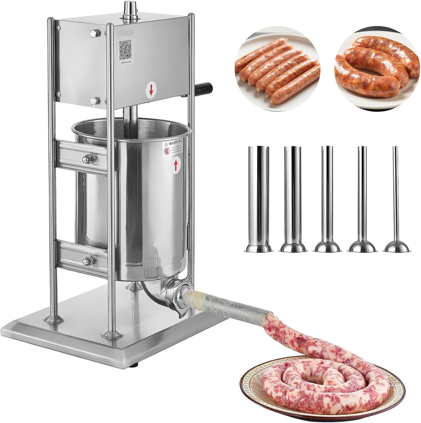 VEVOR Manual Sausage Stuffer, 22 LBS / 10 L Vertical Meat Stuffer, Dual-Speed Sausage Casing Meat Filling Machine, Stainless Steel Heavy Duty Filler with 5 Stuffing Tubes, for Commercial & Home Use