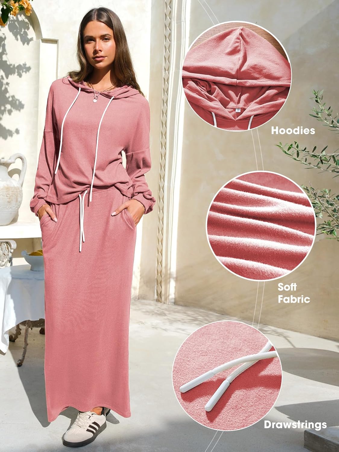 EXLURA Women 2 Piece Outfits Fall Airport Long Sleeve Hoodies Matching Long Skirt Dress Sweatsuits Lounge Sets Winter 2025