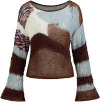 CIDER Women‘s Wool Color Block Sweater Knitted Boat Neck Bell Sleeve Pullover Sweatshirt Tops