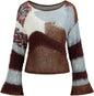 CIDER Women‘s Wool Color Block Sweater Knitted Boat Neck Bell Sleeve Pullover Sweatshirt Tops
