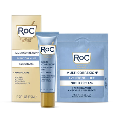 RoC Multi Correxion 5 in 1 Anti-Aging Eye Cream for Puffiness, Under Eye Bags & Dark Circles, Skin Care Treatment with Shea Butter, (.5 oz) with Night Cream Packette (Packaging May Vary)