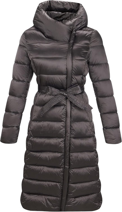 Bellivera Women's Puffer Jacket Lightweight Quilted Hooded Long Down Alternative Coat with Belt