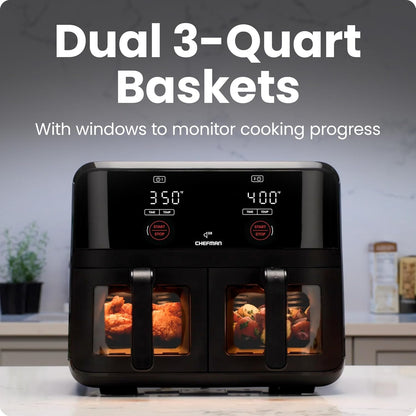 CHEFMAN 6 Quart Dual Basket Air Fryer Oven with Easy View Windows, Sync Finish, Hi-Fry, Auto Shutoff, 2 Independent 3Qt Nonstick Dishwasher Safe Frying Baskets, Digital Double Air Fryer - Black
