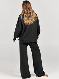 ANRABESS Womens 2 Piece Outfits Fall Lounge Set 2025 Oversized Chunky Knit Sweater Top Wide Leg Pants Loungewear Clothes