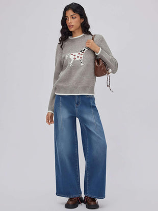 CIDER Women's Fall Sweaters Long Sleeve Cute Sweaters Bear Graphic Crewneck Soft Knit Casual Cropped Pullover