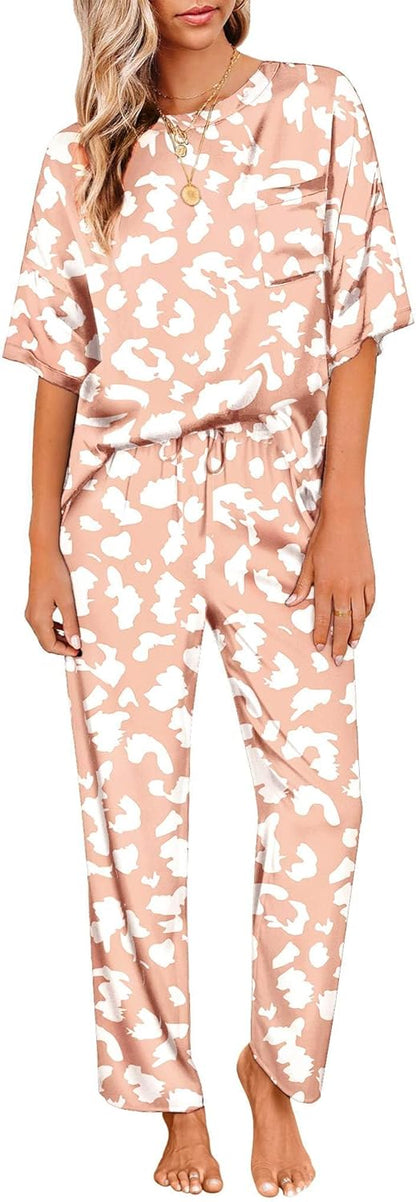 Ekouaer Womens Satin Silky Pajama Set Short Sleeve Shirt with Long Pajama Pant Set Soft PJ Loungewear