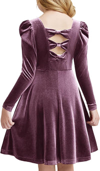 Arshiner Girls Long Sleeve Dress Velvet Crew Neck Bow Back Holiday Party Dresses with Pockets