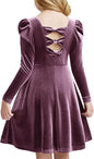 Arshiner Girls Long Sleeve Dress Velvet Crew Neck Bow Back Holiday Party Dresses with Pockets