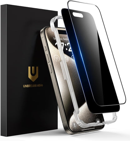 UNBREAKcable 2PCS Screen Protector for iPhone 16-1 Privacy Tempered Glass+1 Clear Glass Double Shatterproof [Easy Installation Frame] [9H Hardness] [Case Friendly] Anti-Scratch for iPhone 6.1 inch