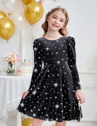 Arshiner Girls Long Sleeve Dress Velvet Crew Neck Bow Back Holiday Party Dresses with Pockets