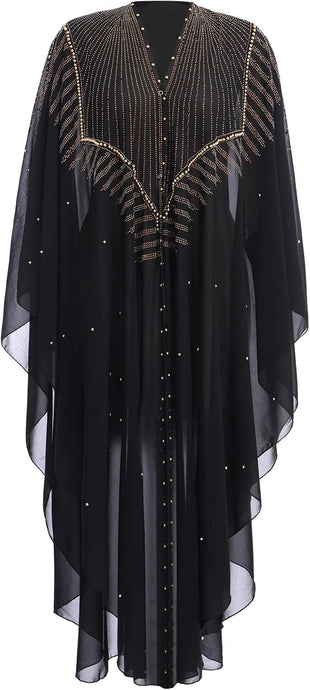 OBEEII Muslim Dress for Women Loose Batwing Sleeved Hooded Beaded Embroidery Long Abaya Dress Kaftan Abayas Islamic Robe