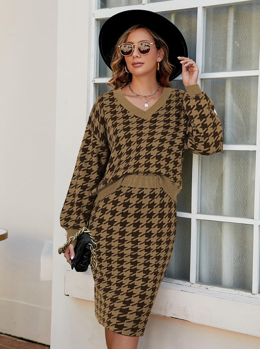 Pink Queen Women's 2 Piece Outfits Set Knit V Neck Batwing Long Sleeve Loose Top Bodycon Midi Skirt Sweater Dresses