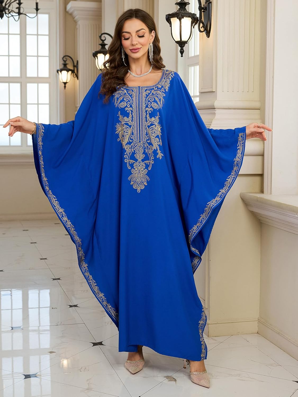 RanRui Women's Embroidered Kaftan Dresses Beach Blouse Cotton Gold Embroidery Holiday Robe Plus Size Caftans Kaftan Dress