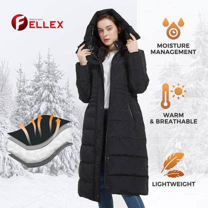 IKAZZ Women's Winter Coats, Thickened Warm Insulated Vegan Down Long Parka Jacket with Hood