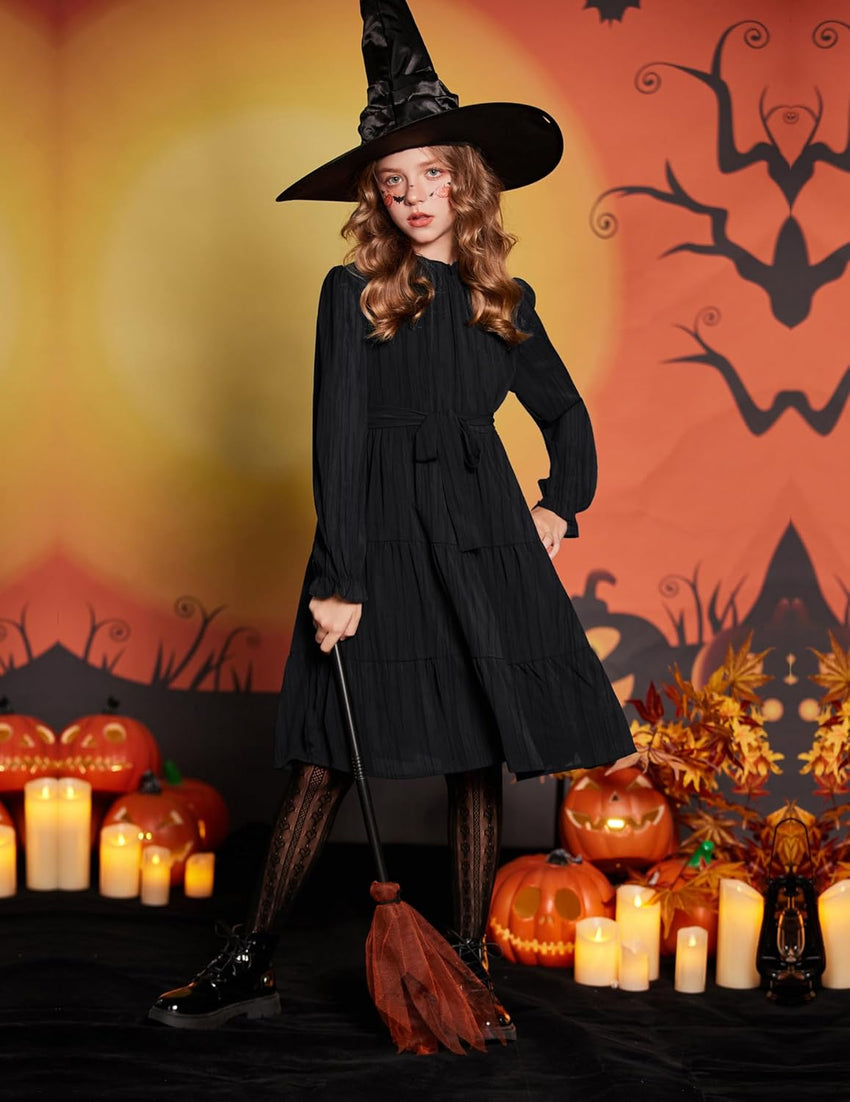 Arshiner Girls Long Sleeve Dress Tween Fall Formal Party Holiday Midi Tiered Flowy Swing Dresses with Belt 5-13 Y