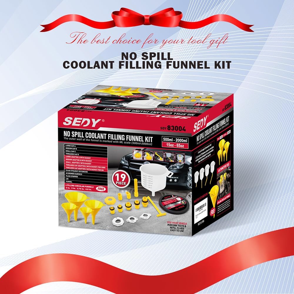 Ultimate No Spill Coolant Funnel Kit - 19-Piece Spill-Free Radiator Funnel Set, Spill Proof Radiator Bleeder Kit, Coolant Filling, Radiator Filler, Extra Funnels and Adapters for Universal Vehicle