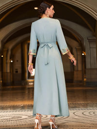 Elegant Floral Embroidered Kaftan Maxi Dress, Handcrafted Abaya 3/4 Sleeve with Gold Trim, V-Neck, Light Blue