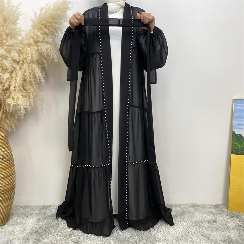 Abayas For Women Muslim Ramadan Long Sleeve Open Front Imitation Pearls Tiered Chiffon Dress Cardigan with Belt Dubai Kaftan