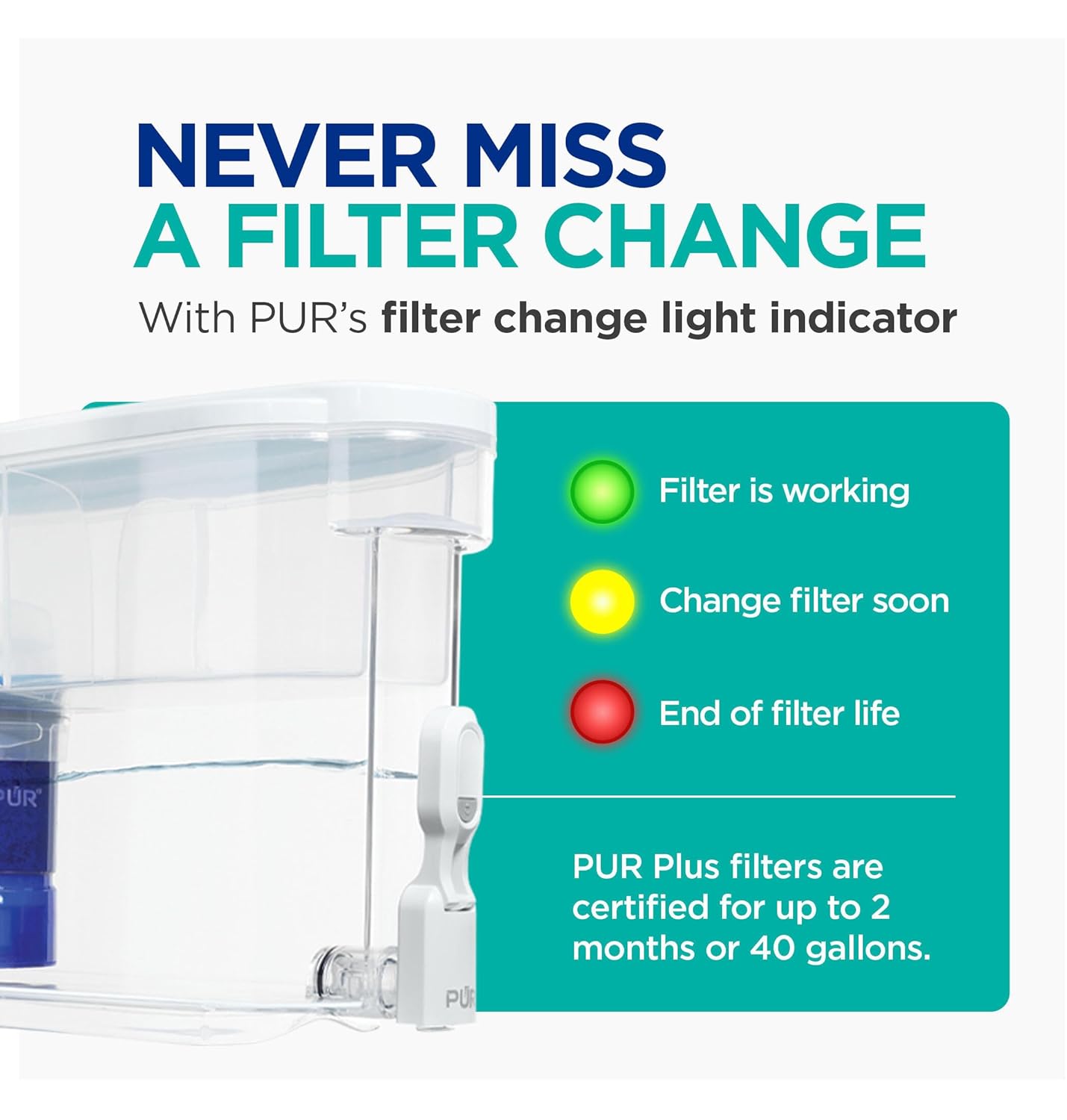 PUR PLUS 30-Cup Water Filter Dispenser with 1 Lead-Reducing PUR PLUS Filter, Dishwasher Safe, Powerful Filtration, Large Capacity with Slim, Space-Saving Design, White (DS1811Z)
