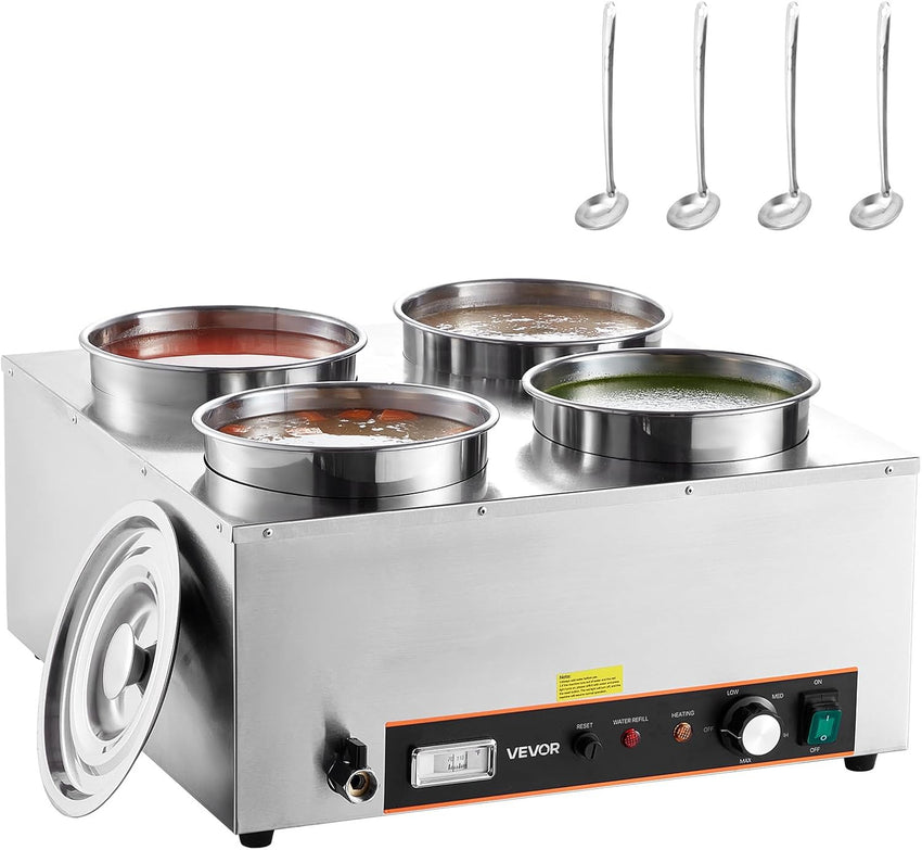 VEVOR Electric Soup Warmer, Dual 7.4QT Stainless Steel Round Pot 86~185°F Adjustable Temp, 1200W Commercial Bain Marie with Anti-Dry Burn and Reset Button, Soup Station for Restaurant, Buffet, Silver