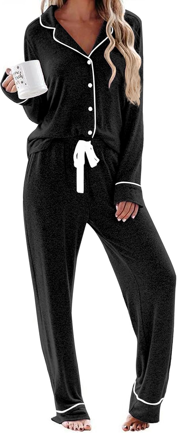Ekouaer Women's Pajamas Long Sleeve Sleepwear Casual Button Down Loungewear Soft Pjs Set S-XXL