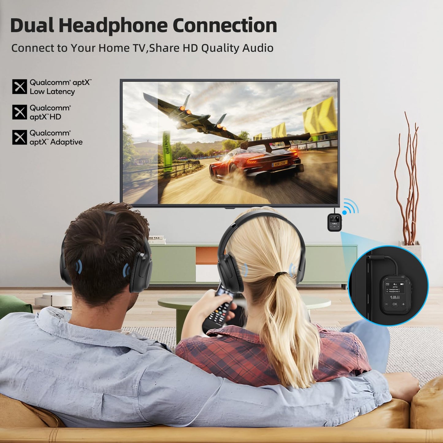 1Mii Bluetooth Transmitter for Airplane, Bluetooth 5.3 Adapter for TV,Airplane Travel Essentials, Aptx Low Latency Wireless Audio Aux for Headphones, Any 3.5mm Jack,Linking 2 Devices (White)