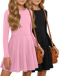 2 Pack Girls Long Sleeve Dress Skater Twirl a Line Crewneck Casual Fall Dresses for Kids 5-14 Years