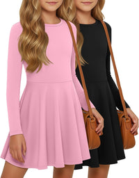 2 Pack Girls Long Sleeve Dress Skater Twirl a Line Crewneck Casual Fall Dresses for Kids 5-14 Years