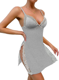 Sexy Split Side Floral Lace Trim Full Slip Night Gown Babydoll Lingerie Dress with Thong 2 piece