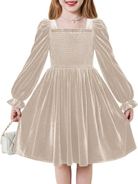 Arshiner Toddler Velvet Dress Girls Smocked Square Neck Puff Long Sleeve Party Dresses with Pockets 3-8Y