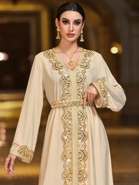 Lace Trim V-Neck Kaftan Dress, Long Sleeve Maxi Dress with Belt, Gold Embroidery Women's Evening Gown