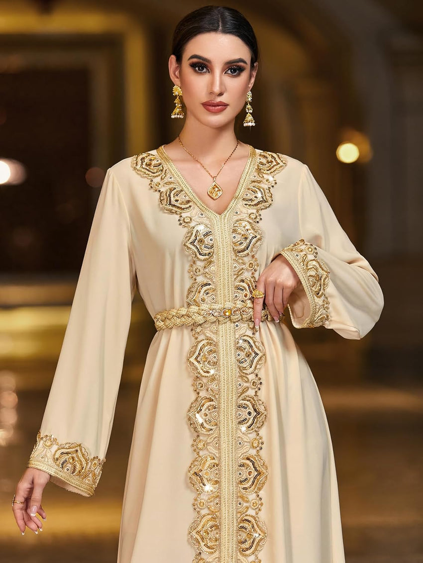 Lace Trim V-Neck Kaftan Dress, Long Sleeve Maxi Dress with Belt, Gold Embroidery Women's Evening Gown