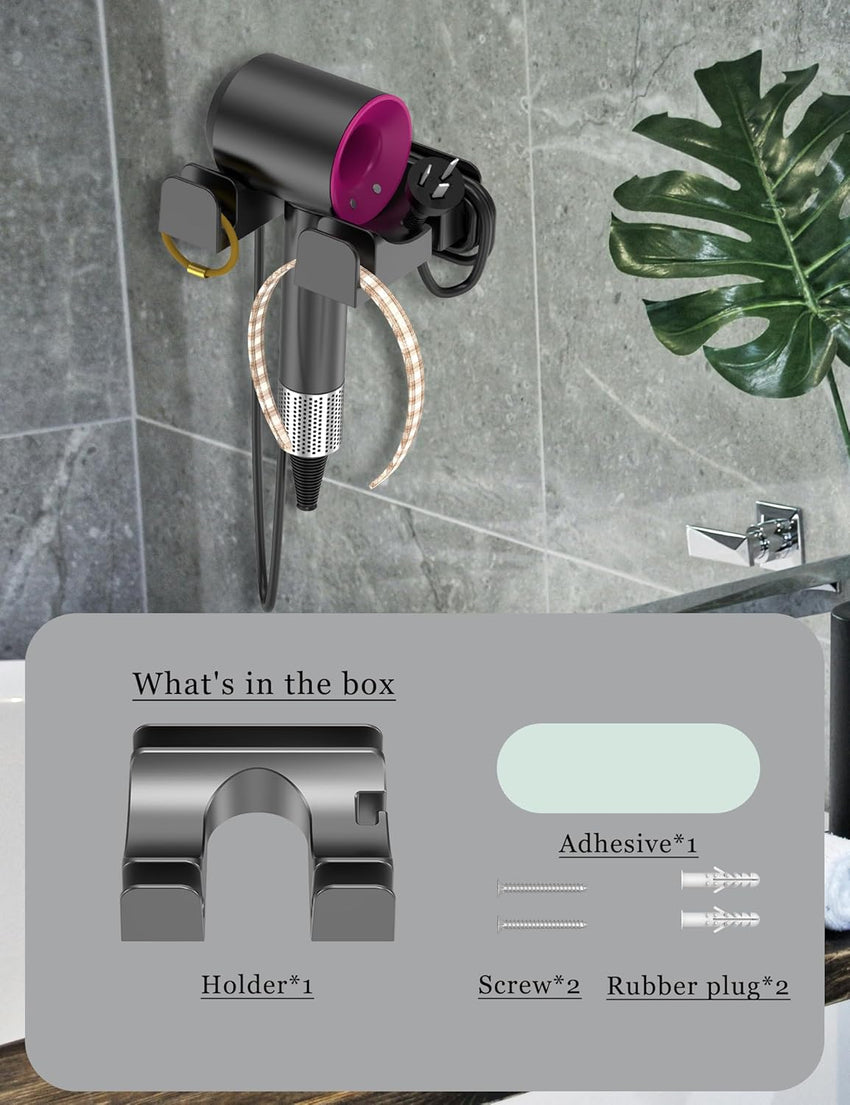 NOTMBESTM Universal Hair Dryer Holder Wall Mounted, Blow Dryer Holder Cabinet Door, Hairdryer Holder for Bathroom, Hair Dryer Storage Rack Fixed by Screw or Adhesive (Black)