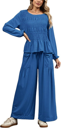 Womens 2-Piece Boho Long Sleeve Smocked Top & Wide Leg Pants Set Casual Lounge Outfit with Pockets