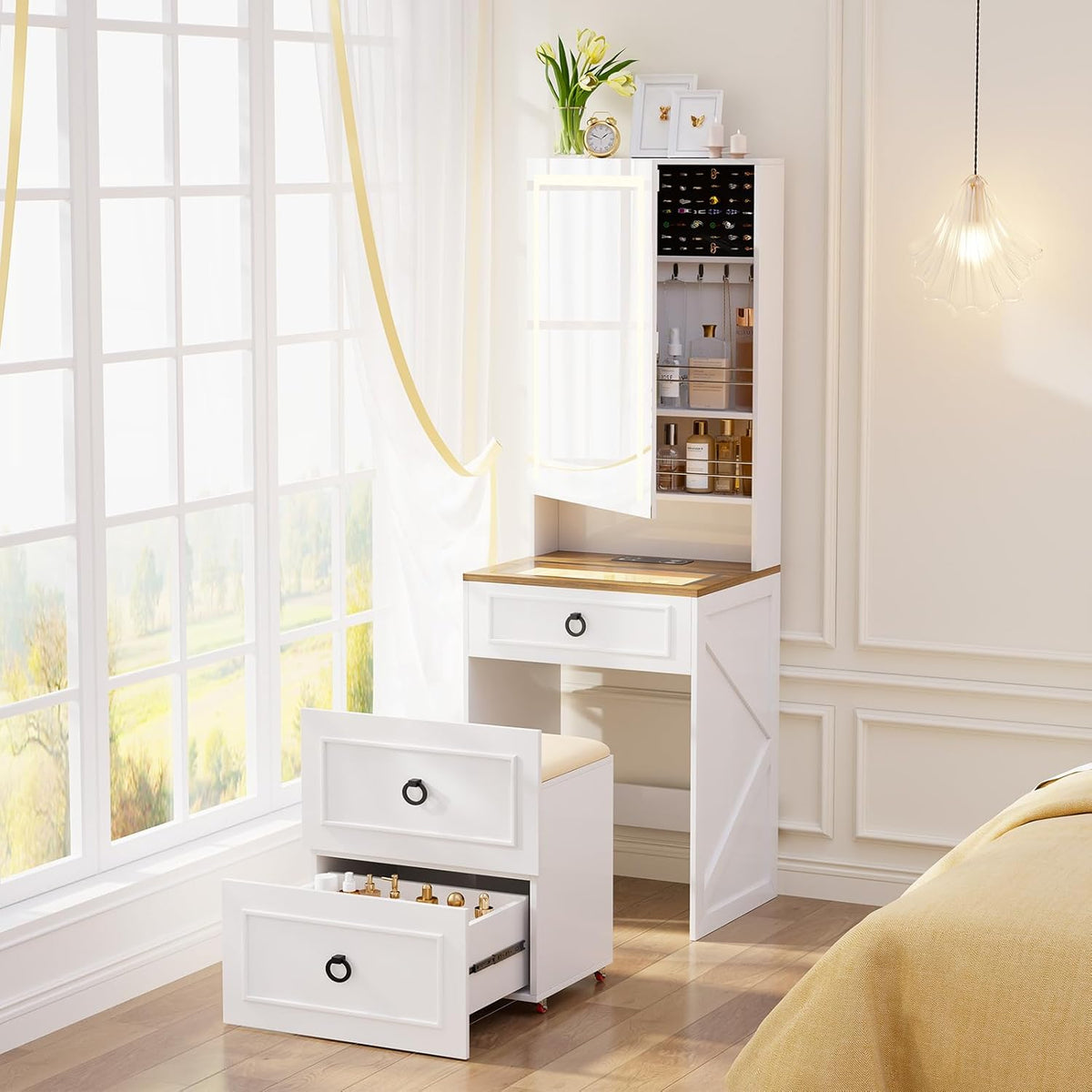 Gurexl 3 in 1 Small Vanity Desk with Lights and Mirror,Tall Lighted Compact Vanity with Charging Station,Makeup Vanity Set with Jewelry Armoire,Glass Top,Wheeled Stool with Storage,3 Drawers