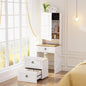 Gurexl 3 in 1 Small Vanity Desk with Lights and Mirror,Tall Lighted Compact Vanity with Charging Station,Makeup Vanity Set with Jewelry Armoire,Glass Top,Wheeled Stool with Storage,3 Drawers