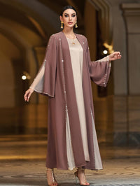 Handmade Beaded Open Front Robe Coat, Elegant Long Sleeve Outerwear Women's Modest Cover-Up, NO INNER, Mauve Brown
