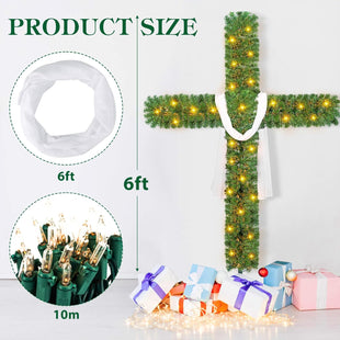 6 Ft Christmas Cross Tree with 100 Lights and a White Silk Scarf Christmas Christian Decorations Indoor Jesus Christ Catholic Cross Decor He is Risen for Home Decor