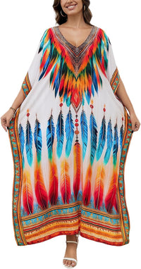 Women's Plus Size Loose Fit Moroccan Print V-Neck Batwing Kaftan Beach Dress Bathing Suit Cover Up