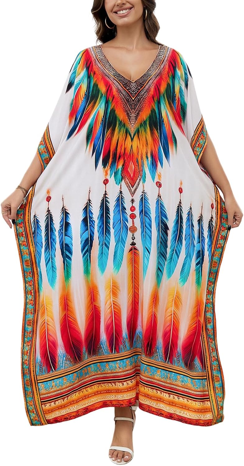 Women's Plus Size Loose Fit Moroccan Print V-Neck Batwing Kaftan Beach Dress Bathing Suit Cover Up