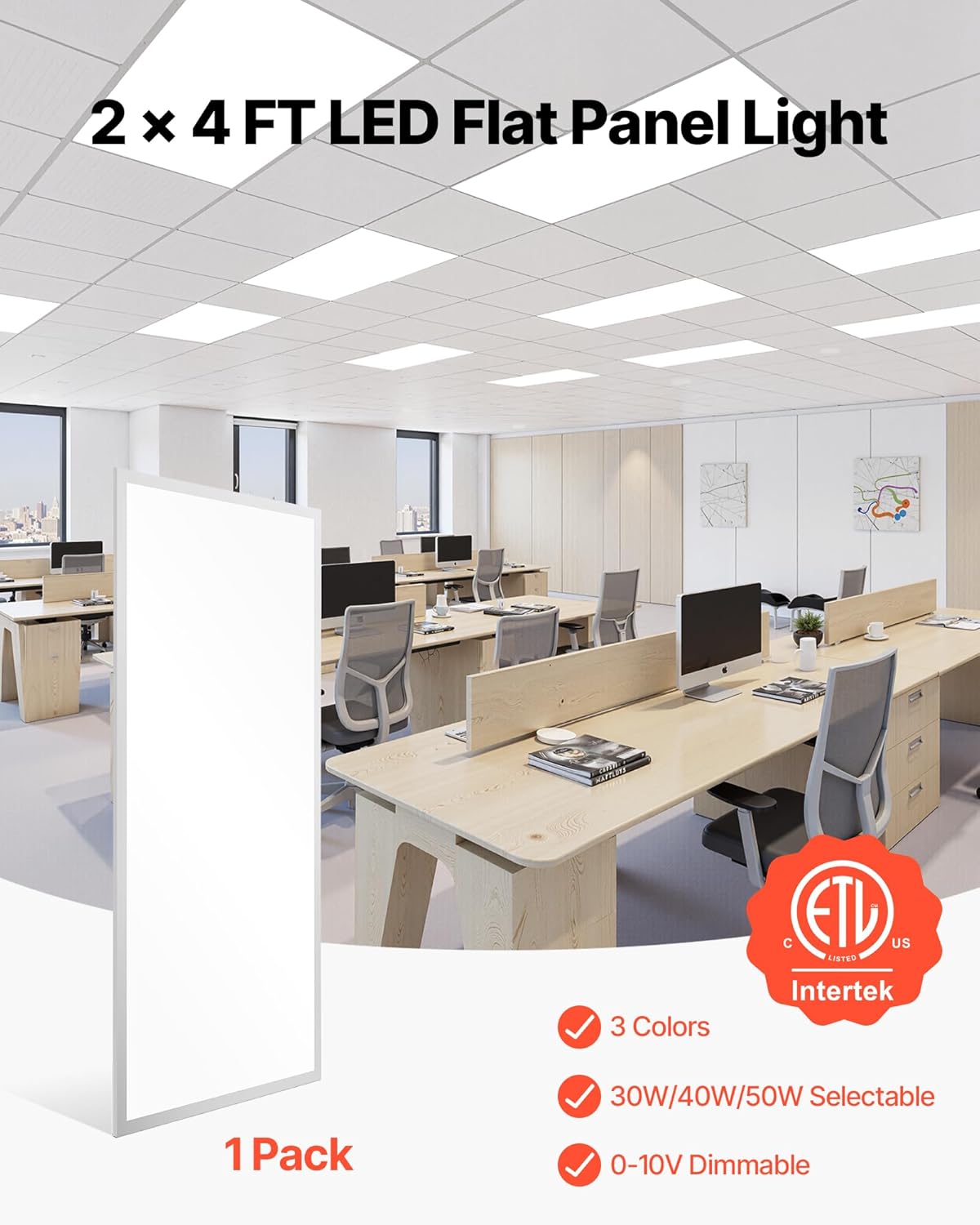 VEVOR 2x4 FT LED Flat Panel Light, 7800 LM, Flush Mount LED Drop Ceiling Lighting Fixture with 3 Color Selectable 4000K/5000K/6000K, 30W/40W/50W, 0-10V Dimmable, Ultra Slim for Home Office Kitchen