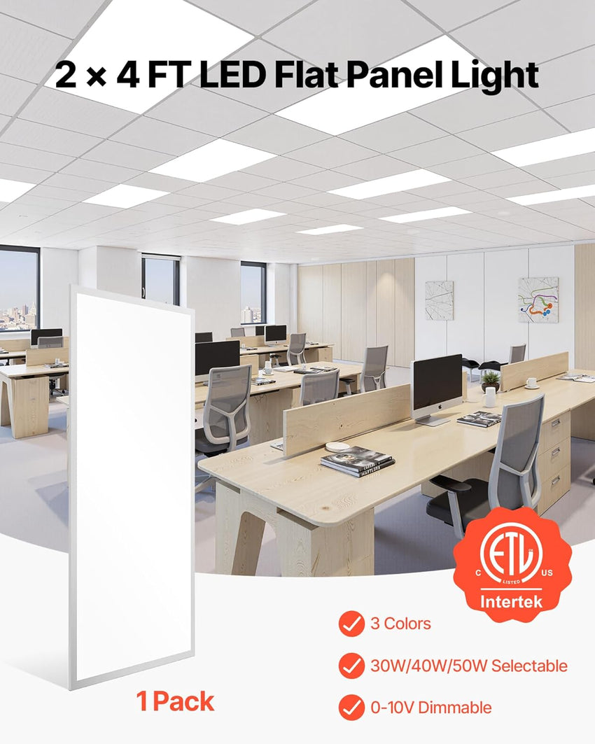 VEVOR 2x4 FT LED Flat Panel Light, 7800 LM, Flush Mount LED Drop Ceiling Lighting Fixture with 3 Color Selectable 4000K/5000K/6000K, 30W/40W/50W, 0-10V Dimmable, Ultra Slim for Home Office Kitchen