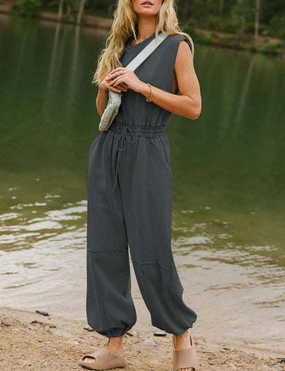 Flygo Womens Casual Jumpsuit Crewneck Cap Sleeve Long Wide Leg Pants One Piece Outfits Drawstring Romper with Pockets(LightGrey-M)