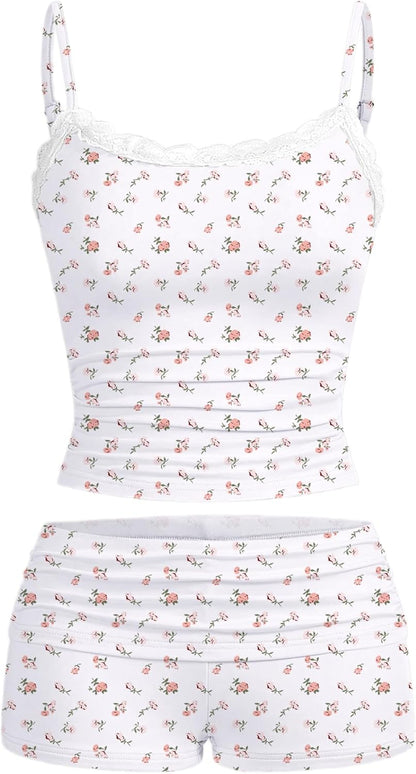 Hilinker Womens Sexy Pajama Set Ruched Lace Trim Cami and Shorts Summer Cute Pjs 2 Piece