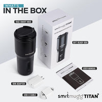 TITAN Heated Coffee Mug, 15 oz. 15 Hour Battery Life, Self-Heating, Battery Powered, Adjustable Temperature, LCD Screen, Portable Charger, Great for Coffee and Tea Lovers (Black)